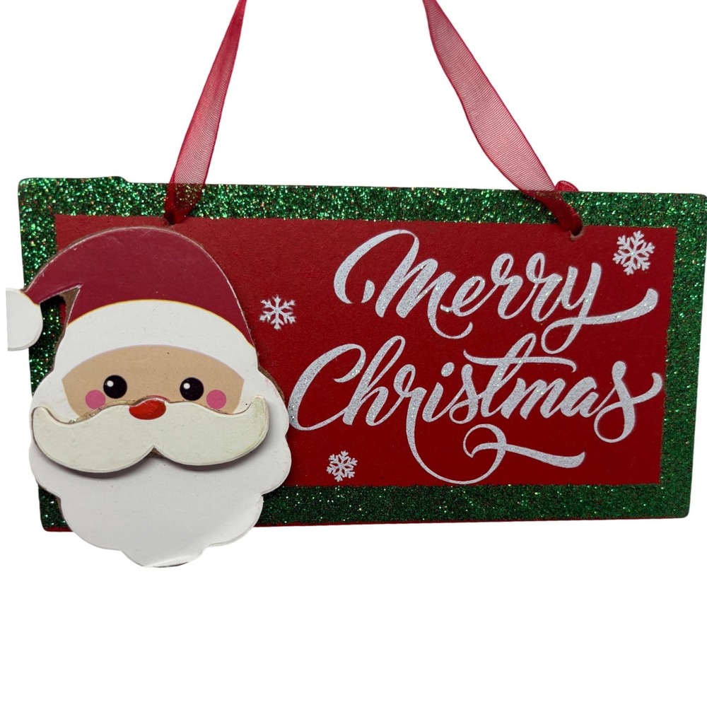 Merry Christmas Wooden Hanging Sign Santa‎ Claus 3D Glitter Red Green 6 Inch